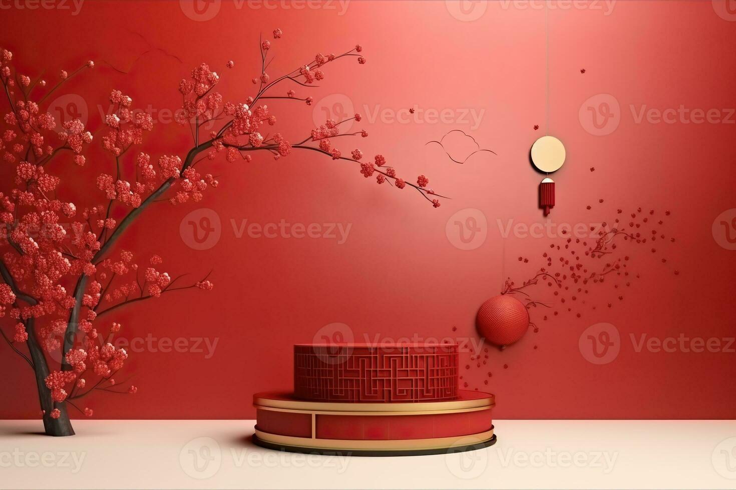 Generative AI, Red podium with lantern chinese new year and gift box product stand podium background pedestal 3d photo
