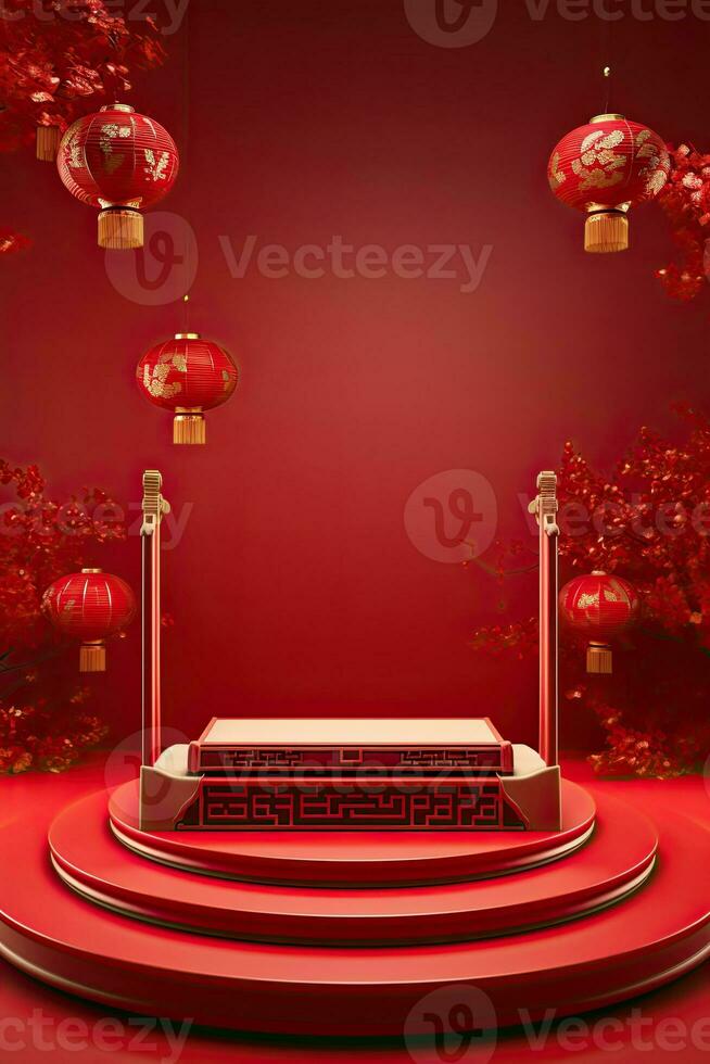 Generative AI, Red podium with lantern chinese new year and gift box product stand podium background pedestal 3d photo