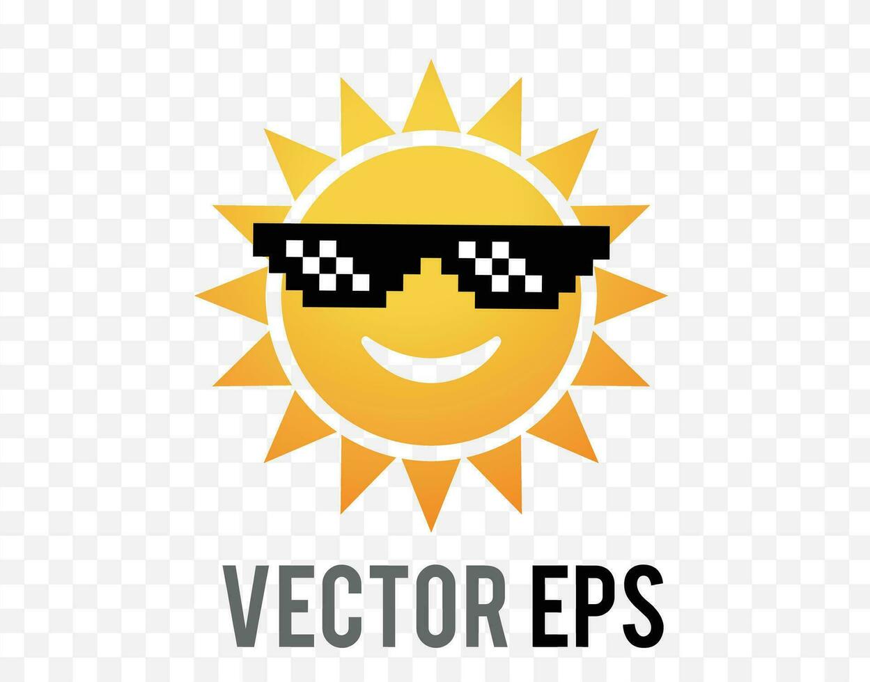 Gradient yellow and orange sun icon with smiley face and pixel sunglasses vector