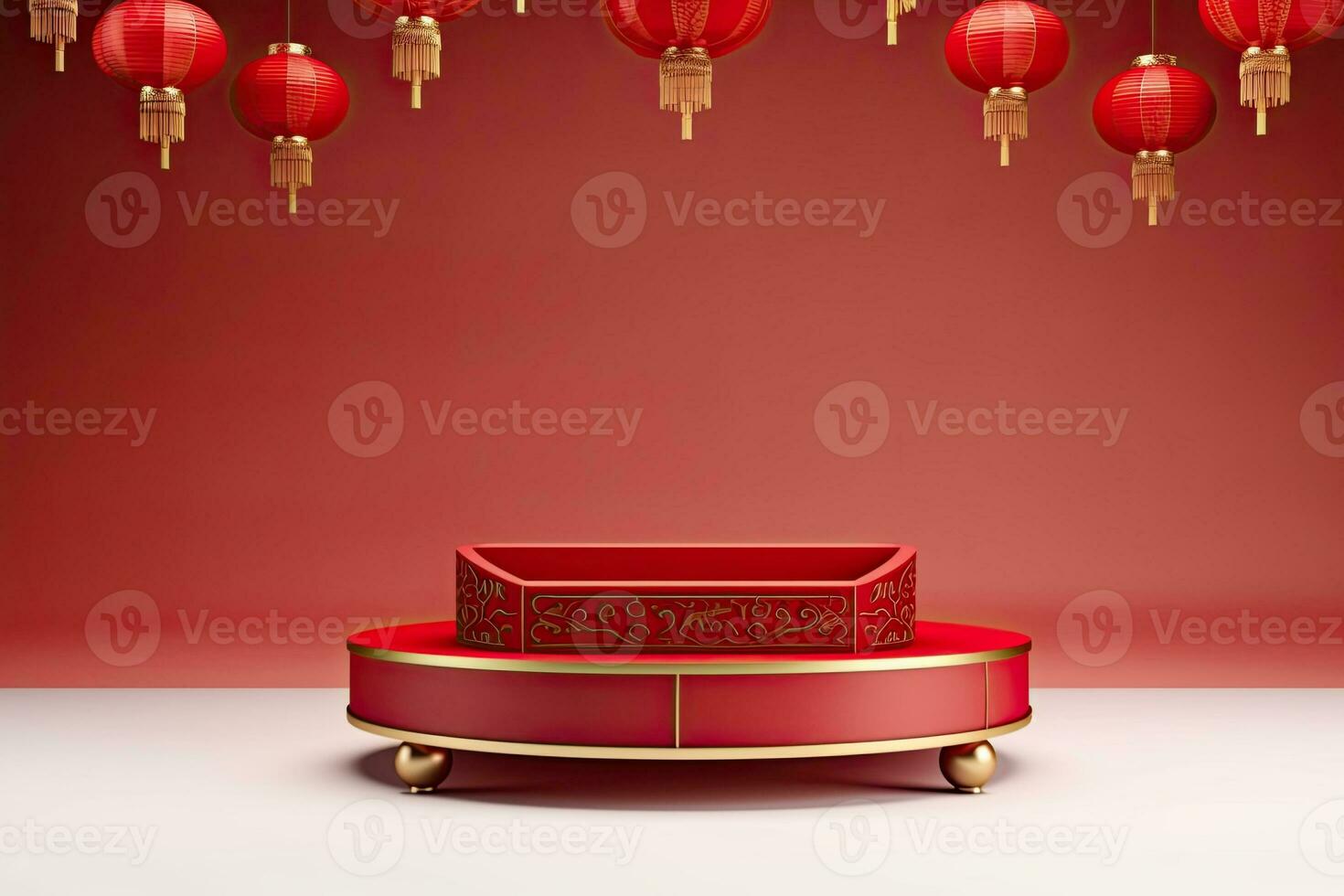 Generative AI, Red podium with lantern chinese new year and gift box product stand podium background pedestal 3d photo