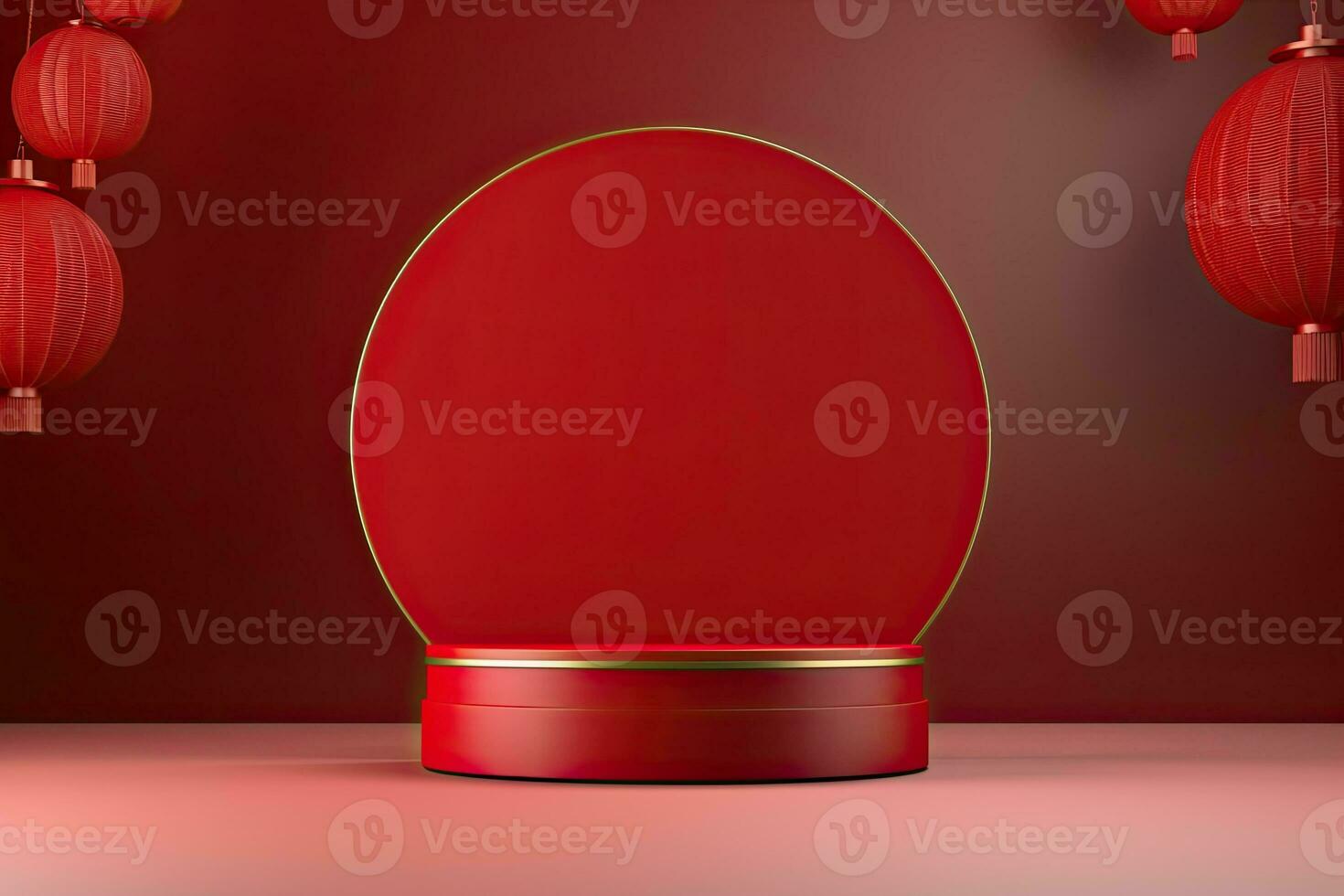 Generative AI, Red podium with lantern chinese new year and gift box product stand podium background pedestal 3d photo