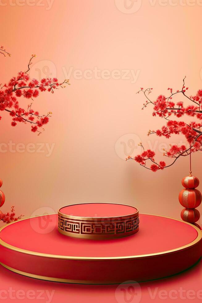 Generative AI, Red podium with lantern chinese new year and gift box product stand podium background pedestal 3d photo