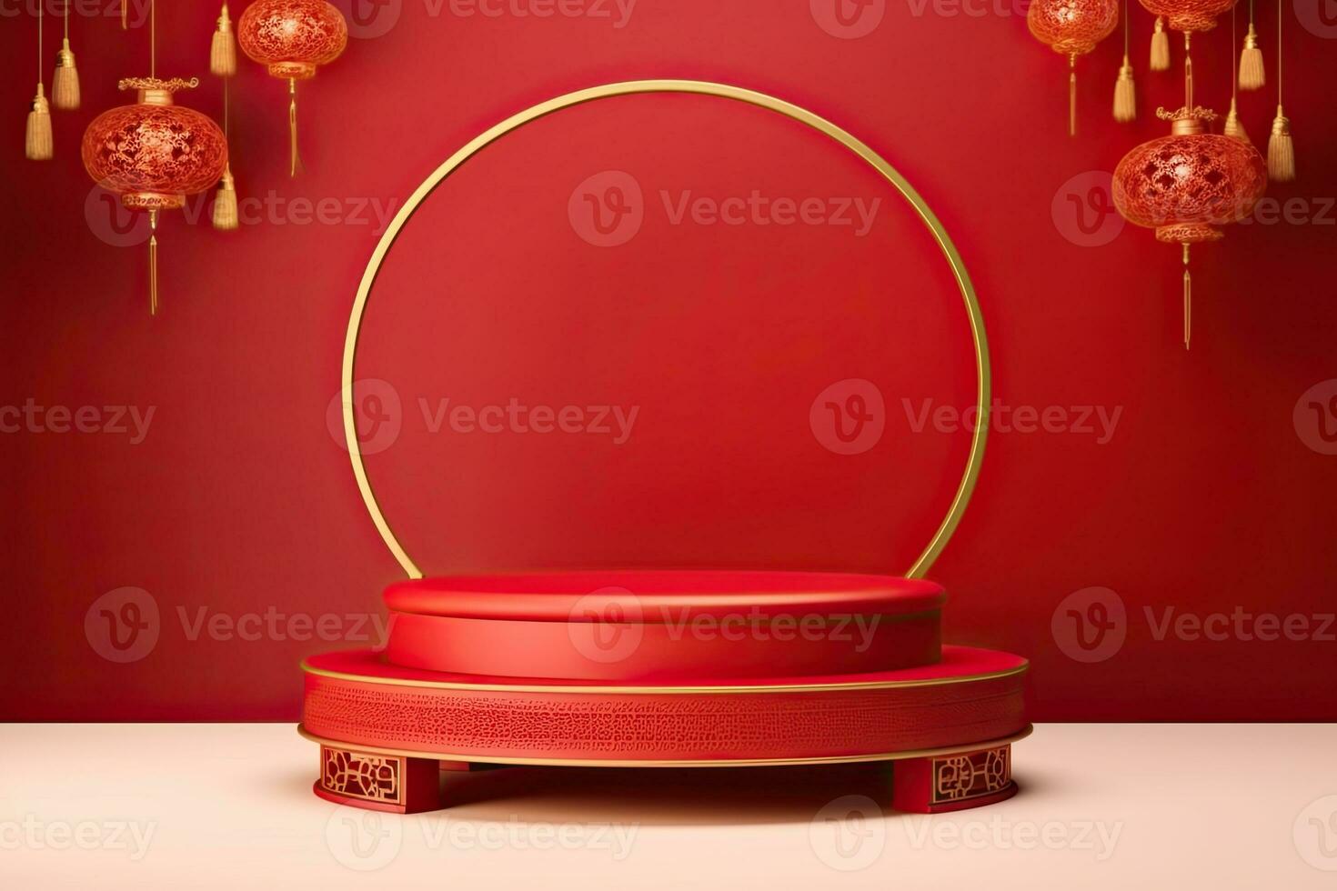 Generative AI, Red podium with lantern chinese new year and gift box product stand podium background pedestal 3d photo