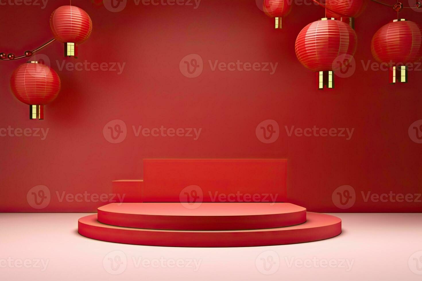 Generative AI, Red podium with lantern chinese new year and gift box product stand podium background pedestal 3d photo