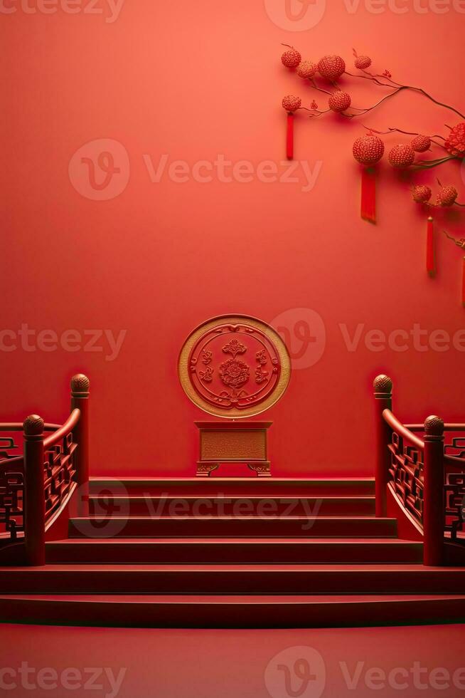 Generative AI, Red podium with lantern chinese new year and gift box product stand podium background pedestal 3d photo