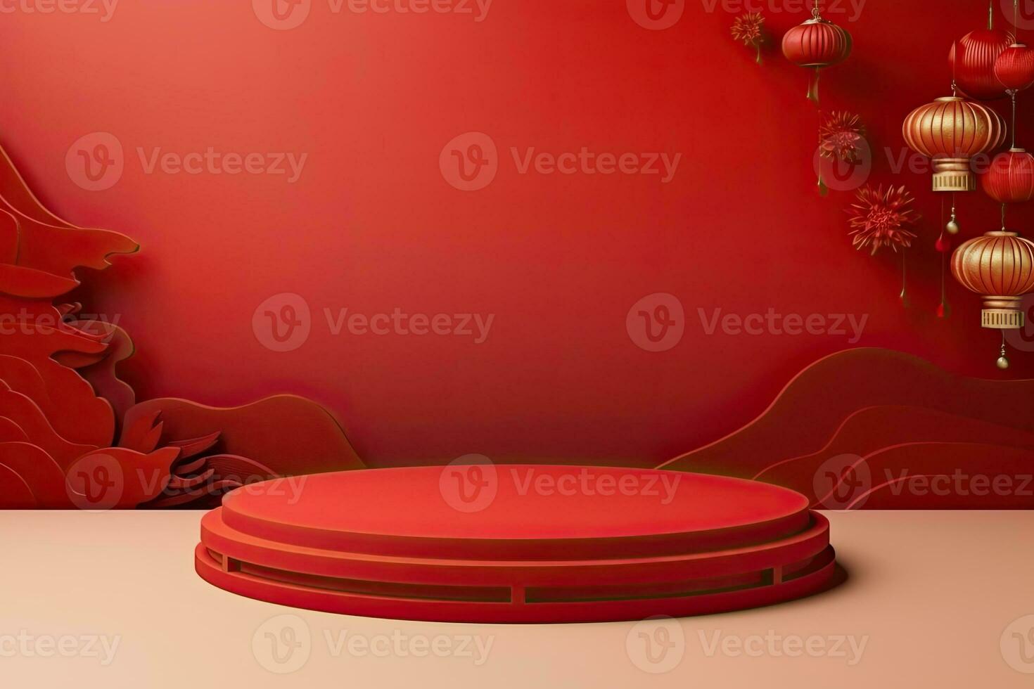 Generative AI, Red podium with lantern chinese new year and gift box product stand podium background pedestal 3d photo