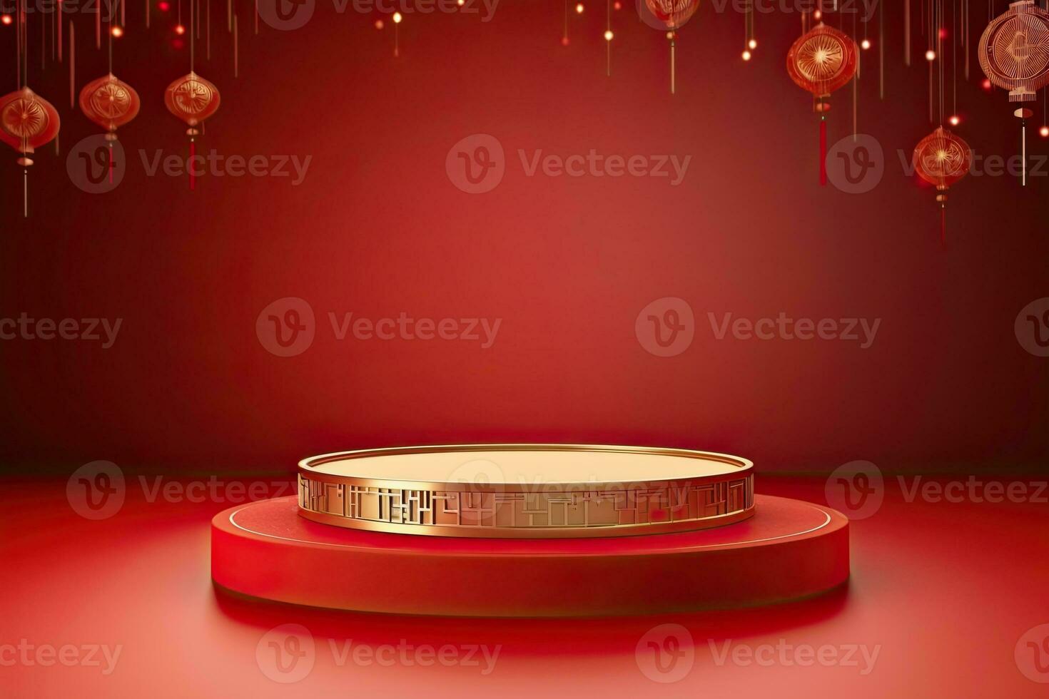 Generative AI, Red podium with lantern chinese new year and gift box product stand podium background pedestal 3d photo