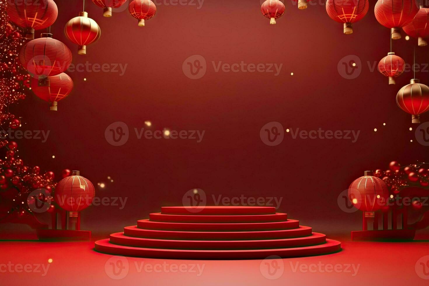 Generative AI, Red podium with lantern chinese new year and gift box product stand podium background pedestal 3d photo