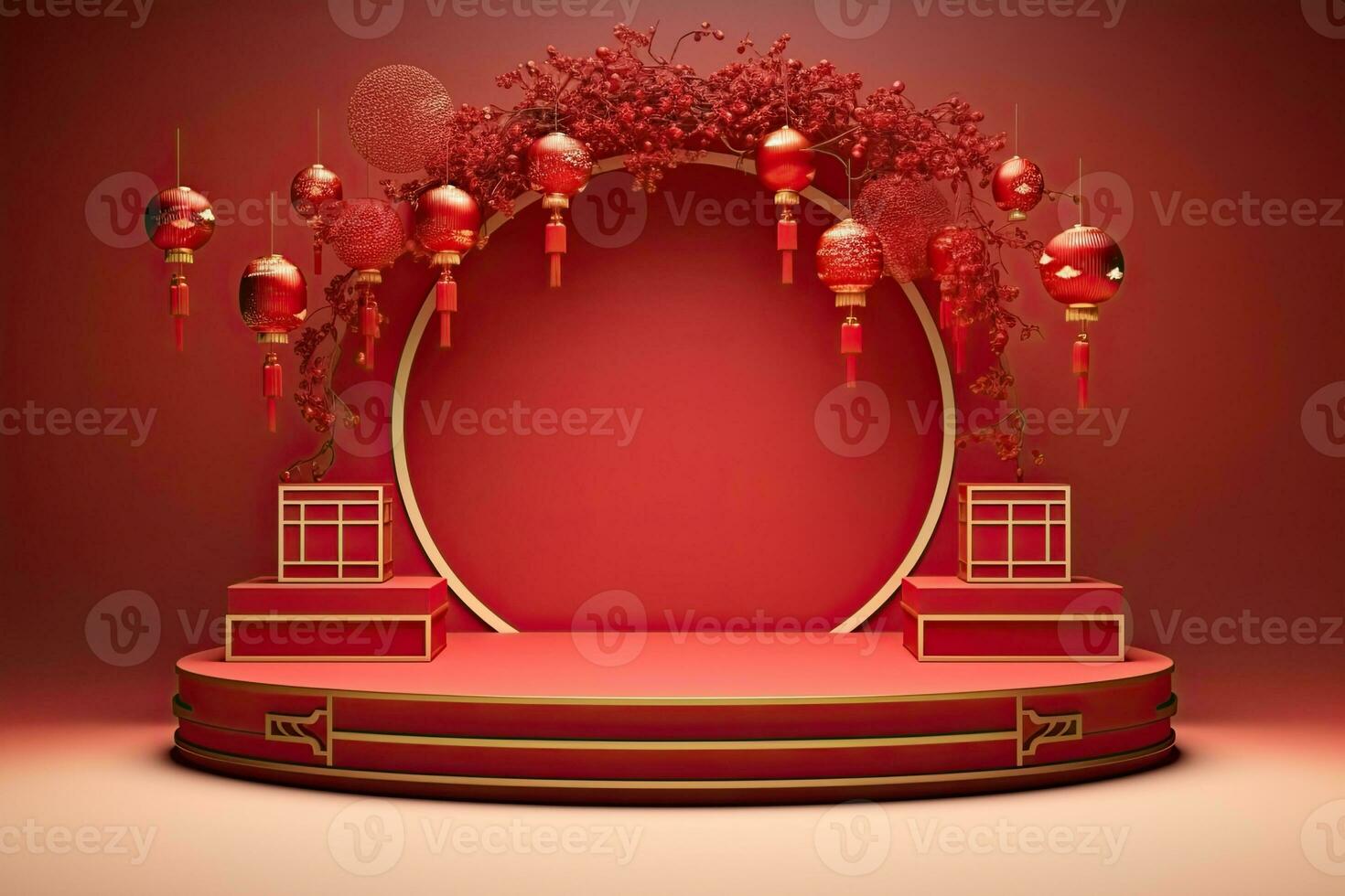 Generative AI, Red podium with lantern chinese new year and gift box product stand podium background pedestal 3d photo