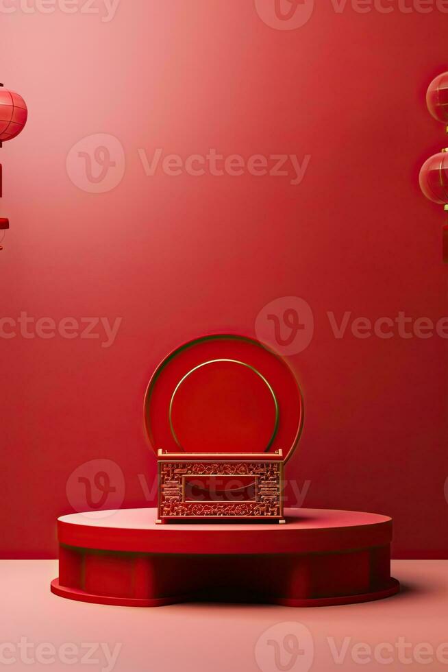 Generative AI, Red podium with lantern chinese new year and gift box product stand podium background pedestal 3d photo