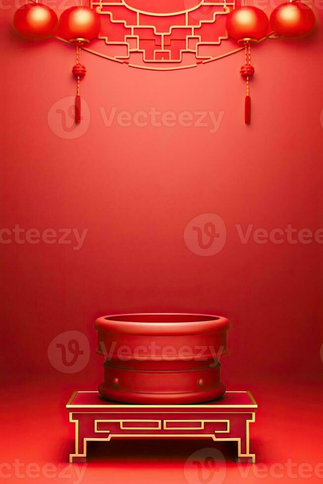 Generative AI, Red podium with lantern chinese new year and gift box product stand podium background pedestal 3d photo
