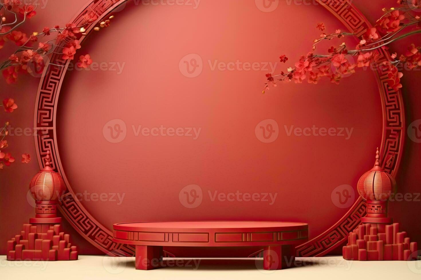 Generative AI, Red podium with lantern chinese new year and gift box product stand podium background pedestal 3d photo