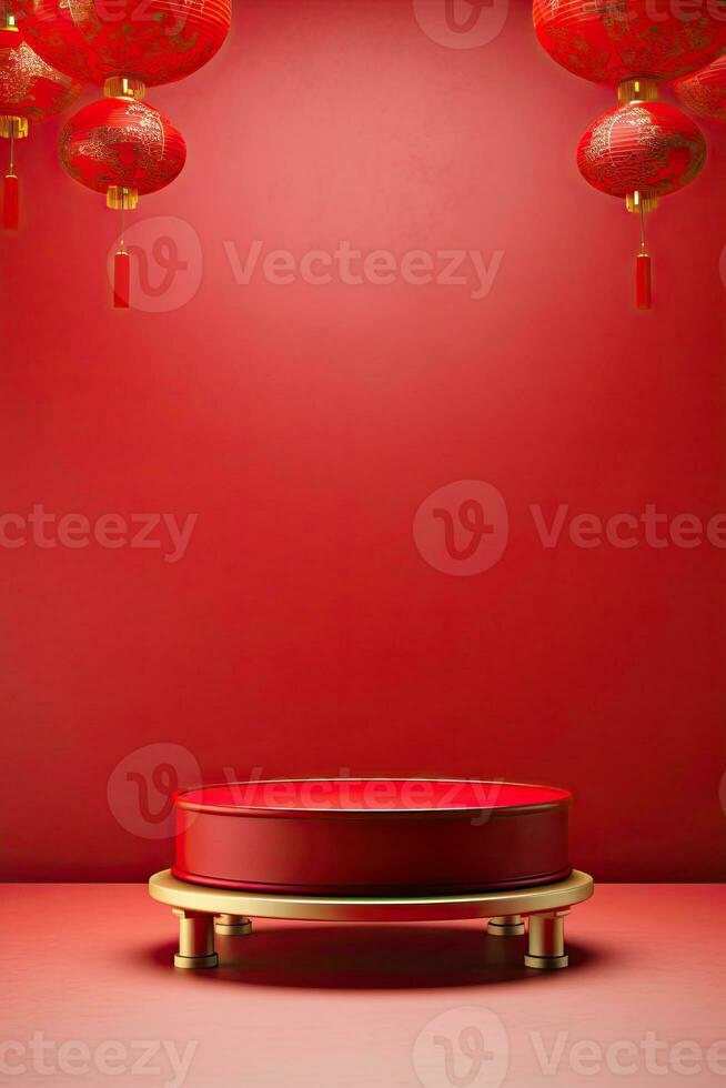 Generative AI, Red podium with lantern chinese new year and gift box product stand podium background pedestal 3d photo