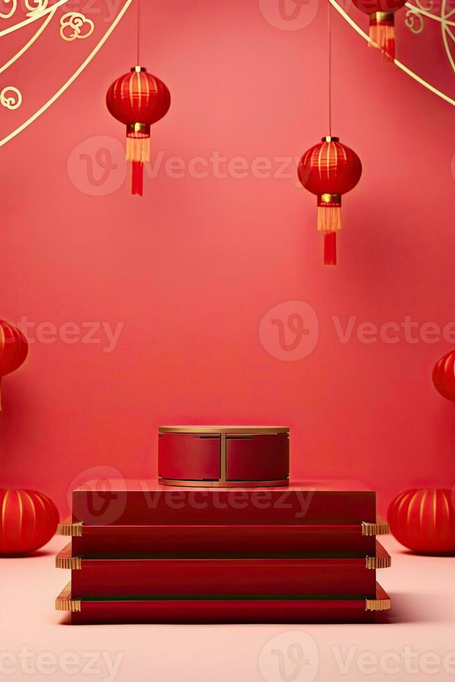 Generative AI, Red podium with lantern chinese new year and gift box product stand podium background pedestal 3d photo