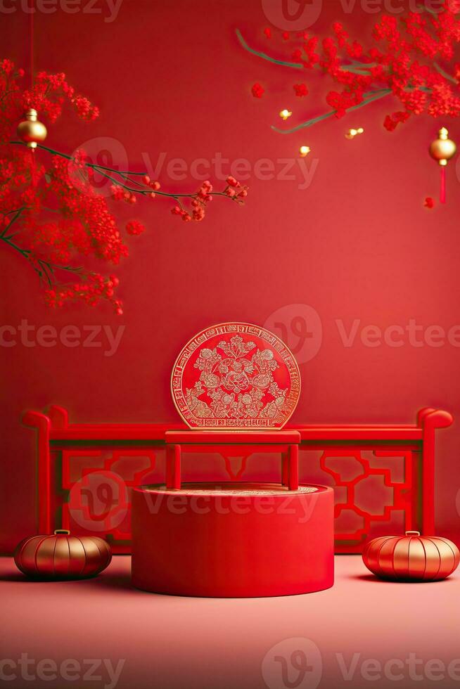 Generative AI, Red podium with lantern chinese new year and gift box product stand podium background pedestal 3d photo