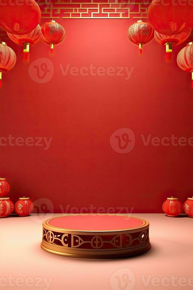 Generative AI, Red podium with lantern chinese new year and gift box product stand podium background pedestal 3d photo
