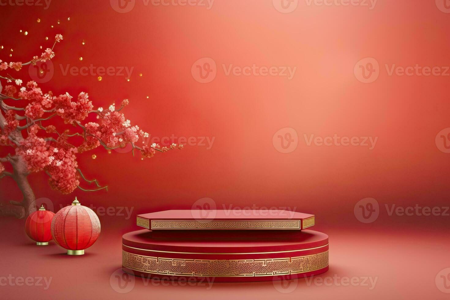 Generative AI, Red podium with lantern chinese new year and gift box product stand podium background pedestal 3d photo