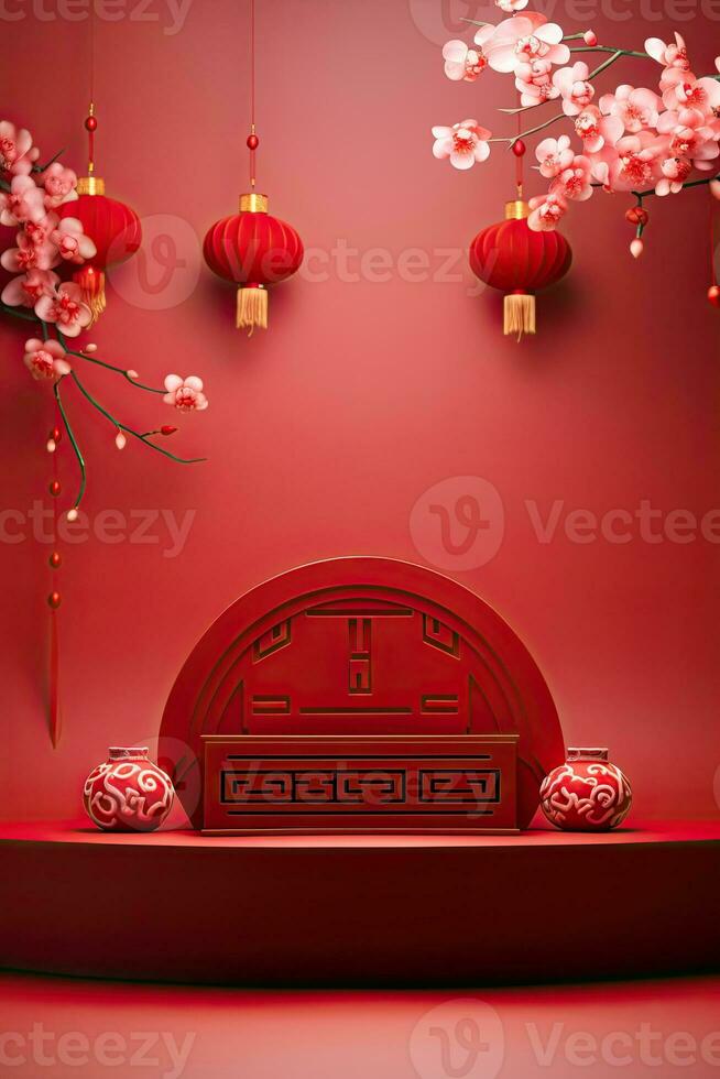 Generative AI, Red podium with lantern chinese new year and gift box product stand podium background pedestal 3d photo