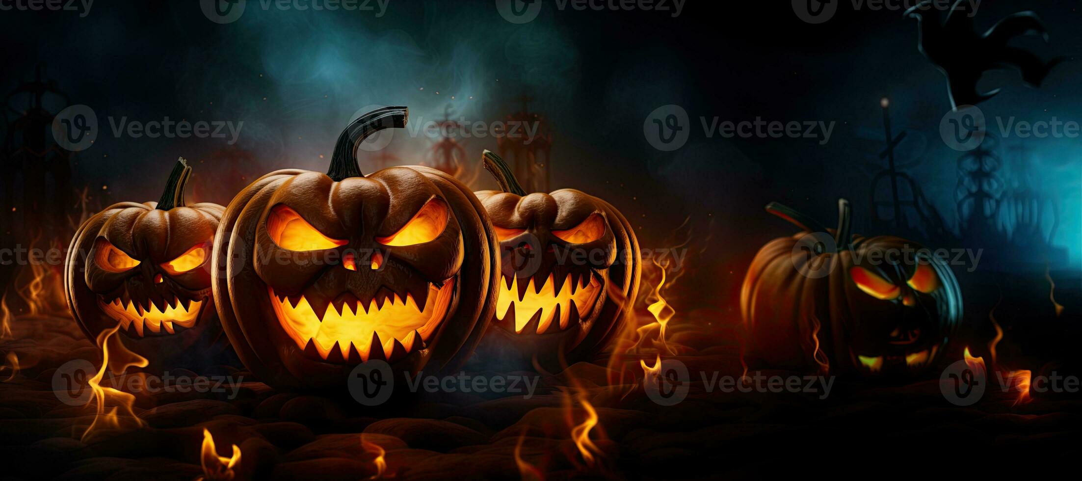 Generative AI, a scary halloween pumpkins, with asp background and neon effect, fantastic, copy space photo