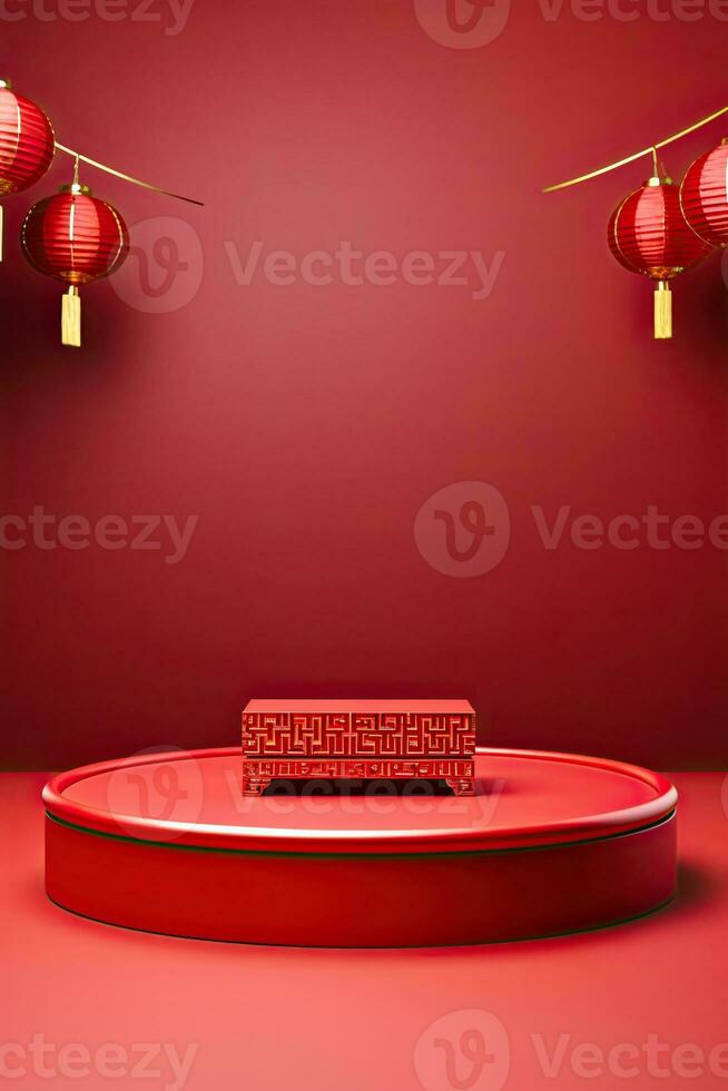 Generative AI, Red podium with lantern chinese new year and gift box product stand podium background pedestal 3d photo