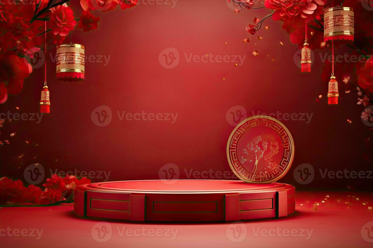 Generative AI, Red podium with lantern chinese new year and gift box product stand podium background pedestal 3d photo