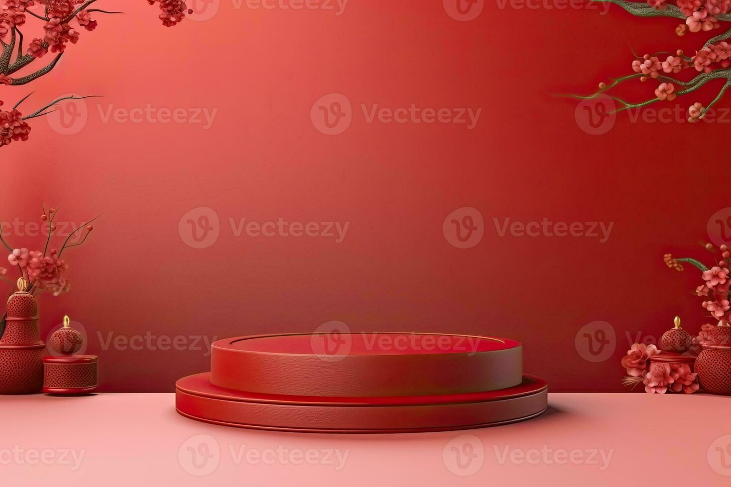 Generative AI, Red podium with lantern chinese new year and gift box product stand podium background pedestal 3d photo