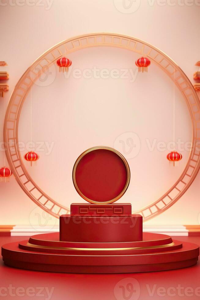 Generative AI, Red podium with lantern chinese new year and gift box product stand podium background pedestal 3d photo