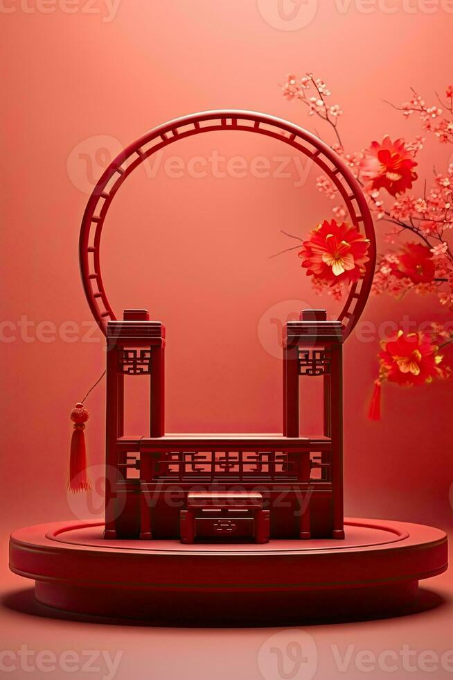 Generative AI, Red podium with lantern chinese new year and gift box product stand podium background pedestal 3d photo