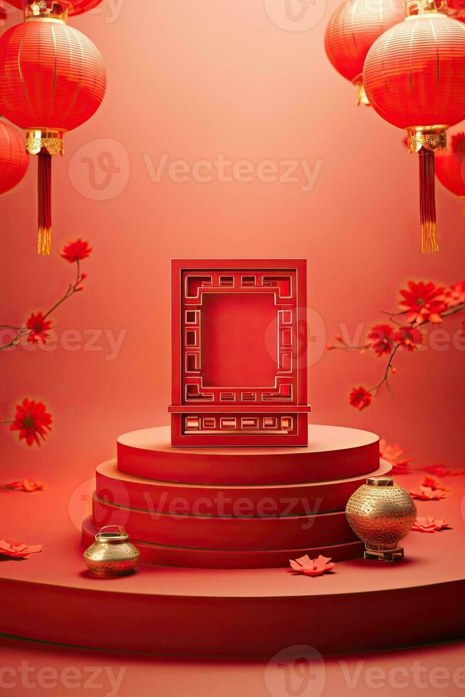 Generative AI, Red podium with lantern chinese new year and gift box product stand podium background pedestal 3d photo