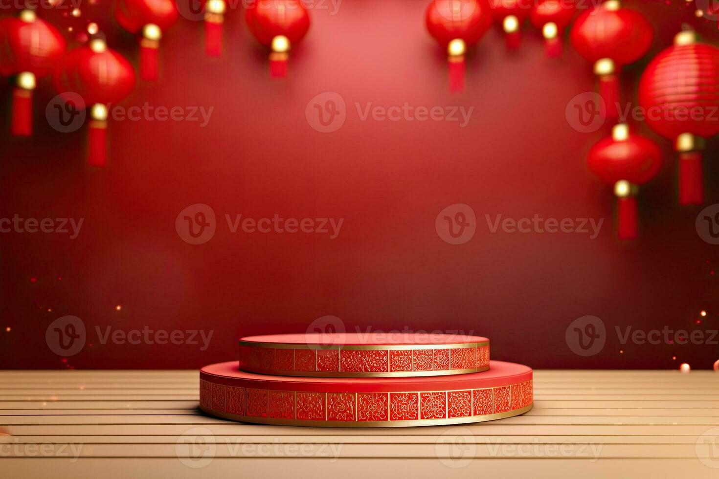 Generative AI, Red podium with lantern chinese new year and gift box product stand podium background pedestal 3d photo
