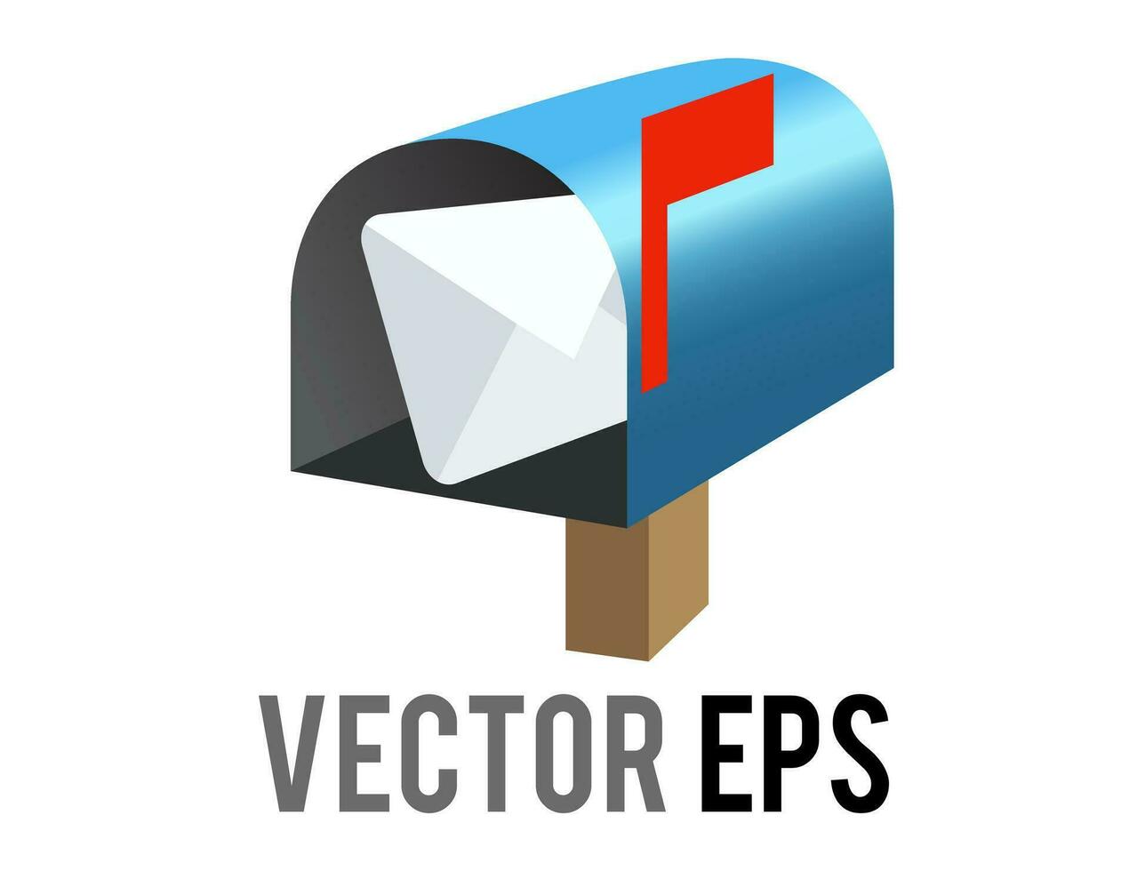 Vector blue open mailbox, letterbox, postbox icon with red raised flag