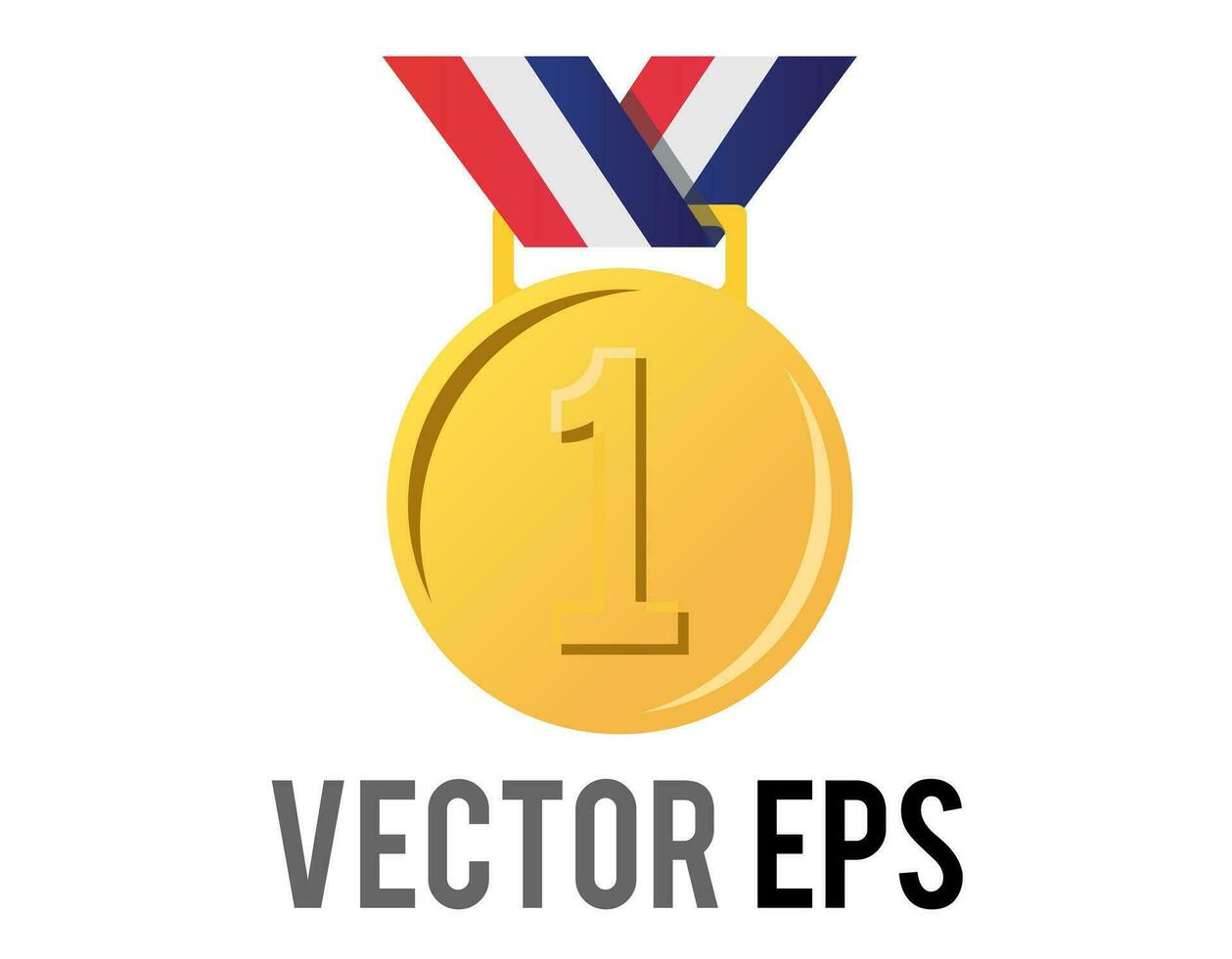 Vector first place gold sports medal icon with star, blue, white, red ribbon