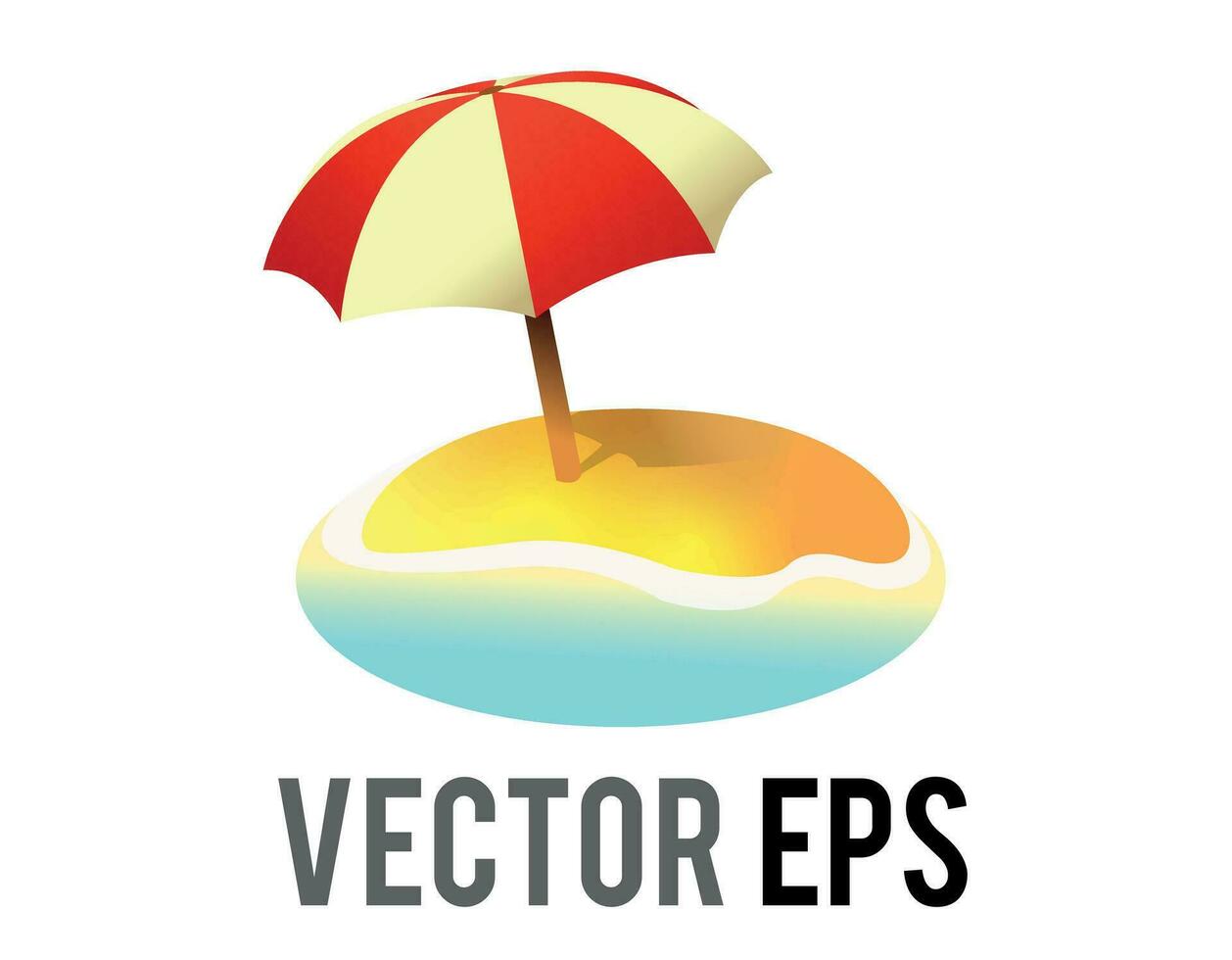 Vector beach island icon, with sun umbrella its shadow, sand and ocean water