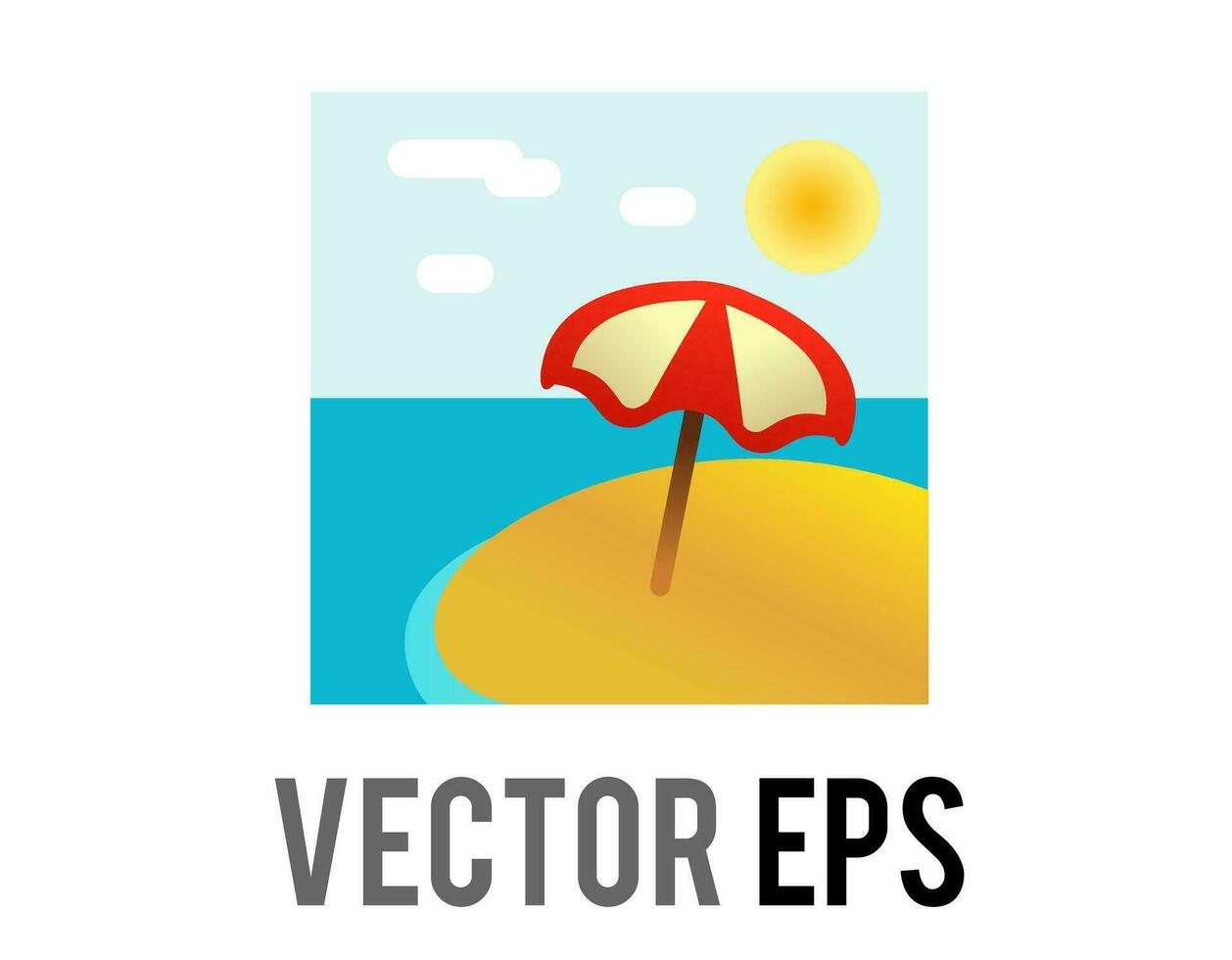 Vector beach island icon, with sun umbrella its shadow, sand and ocean water