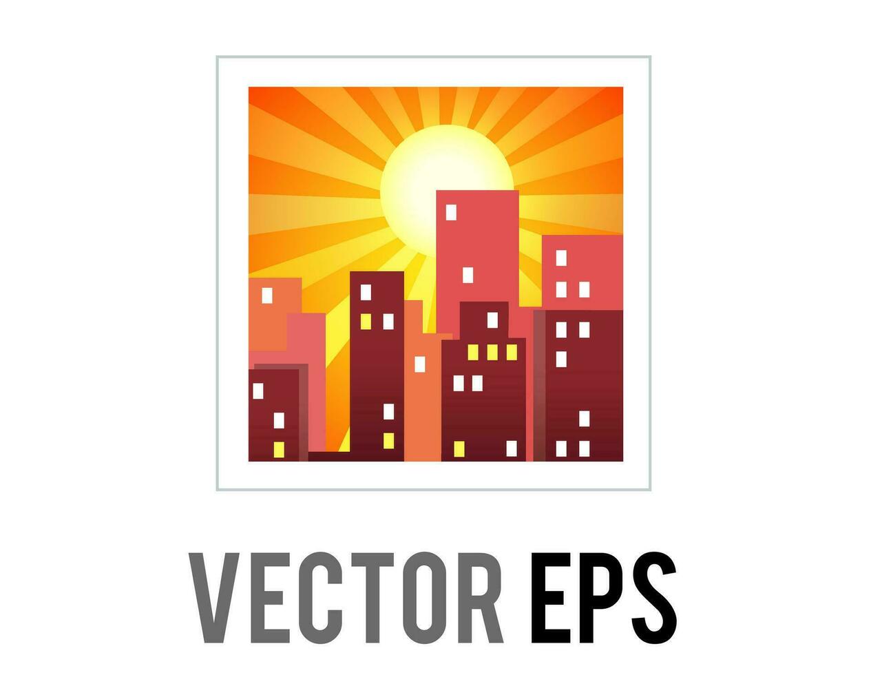 Vector gradient orange sky icon with sun setting behind city buildings at sunset