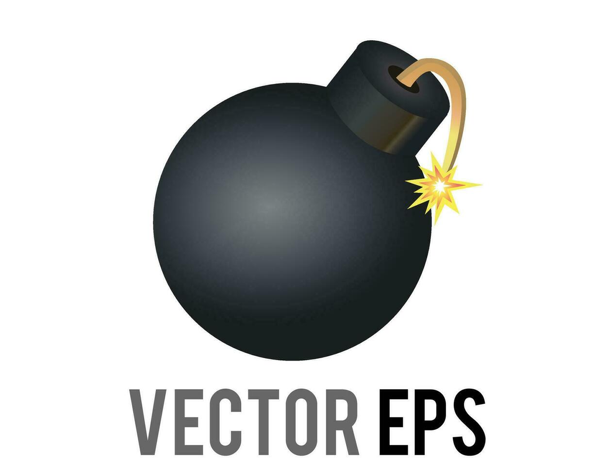 Vector cartoon styled black bomb icon, depicted as black ball with burning fuse