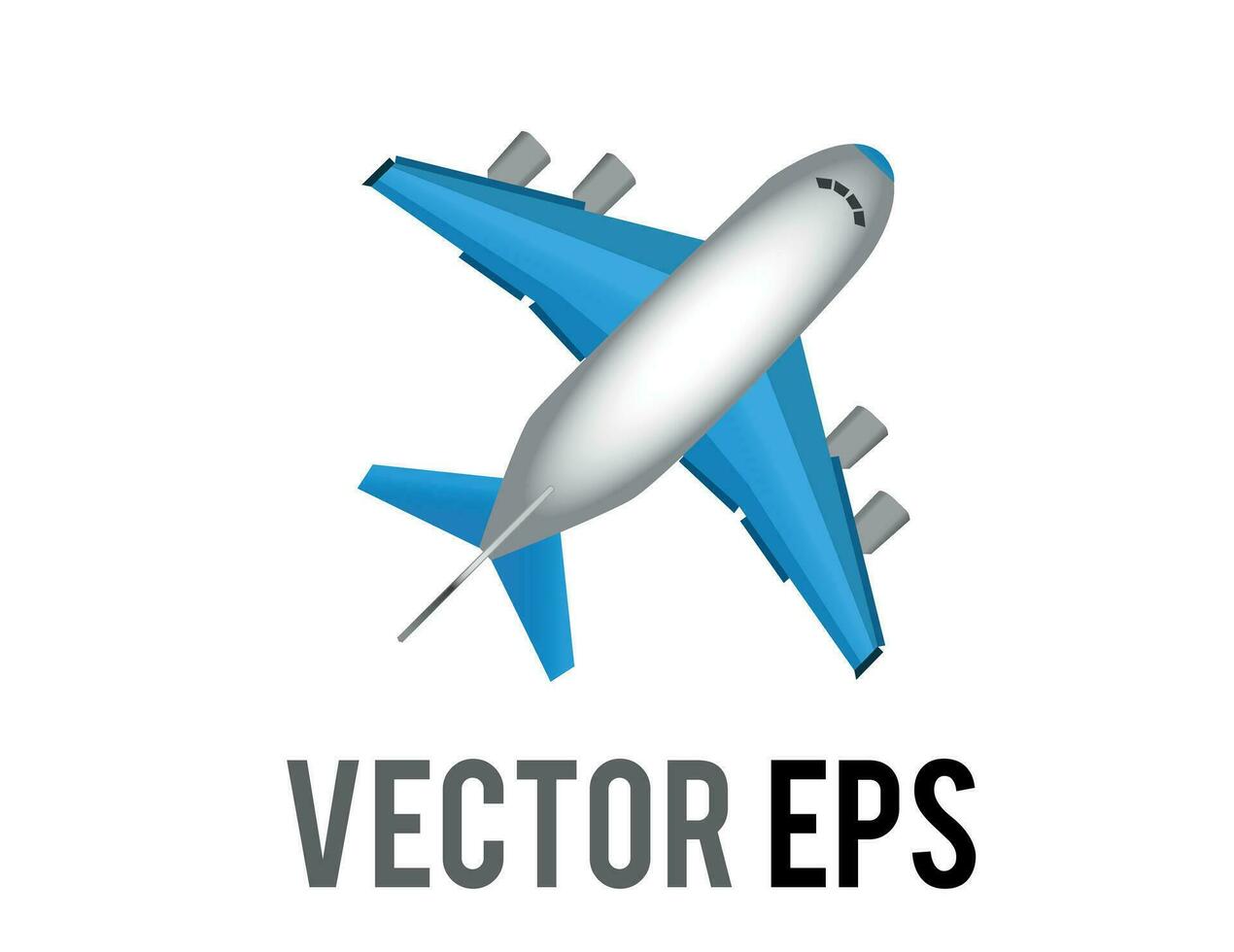 Vector white literal airplane icon with blue wings and engines