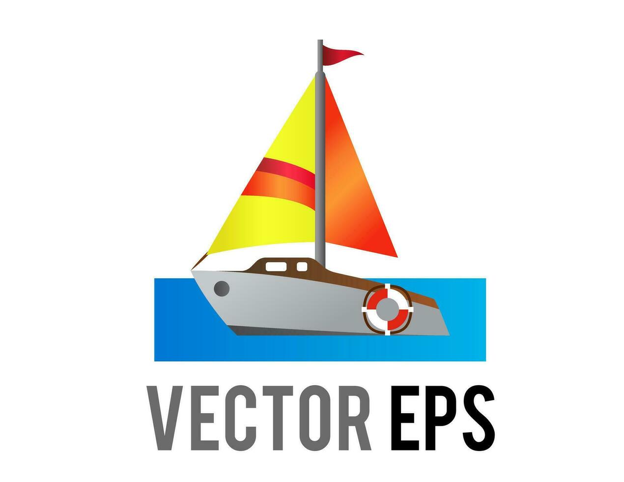 Vector side of brown wood sailing boat icon with yellow, orange and red sails