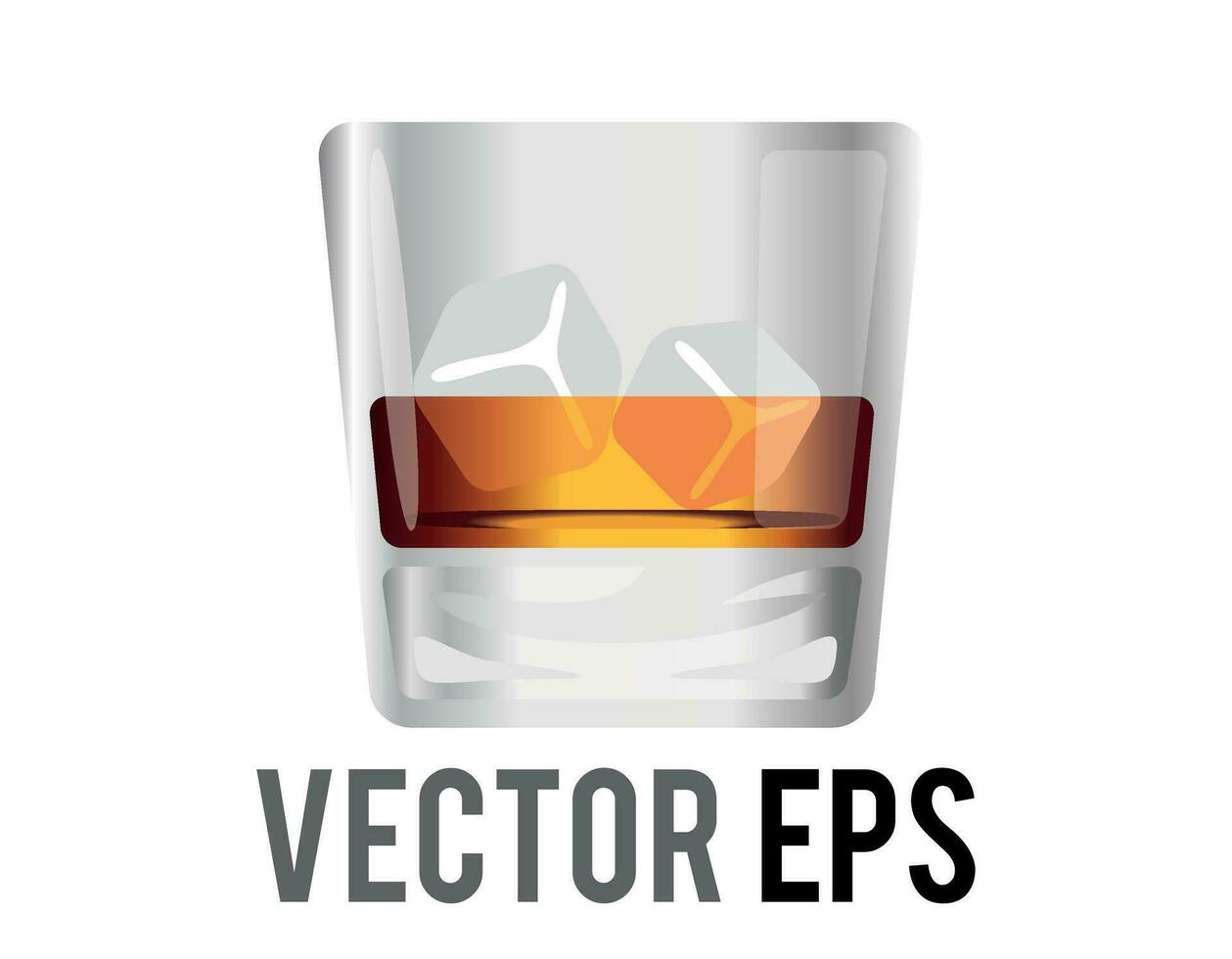Vector short flat tumbler glass of brown liquor Scotch whisky icon with ice cube