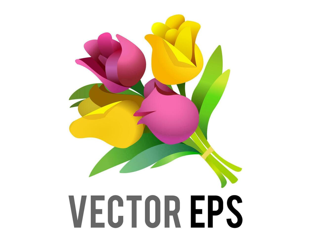 Vector bouquet of pink and yellow flowers icon with green stems tied
