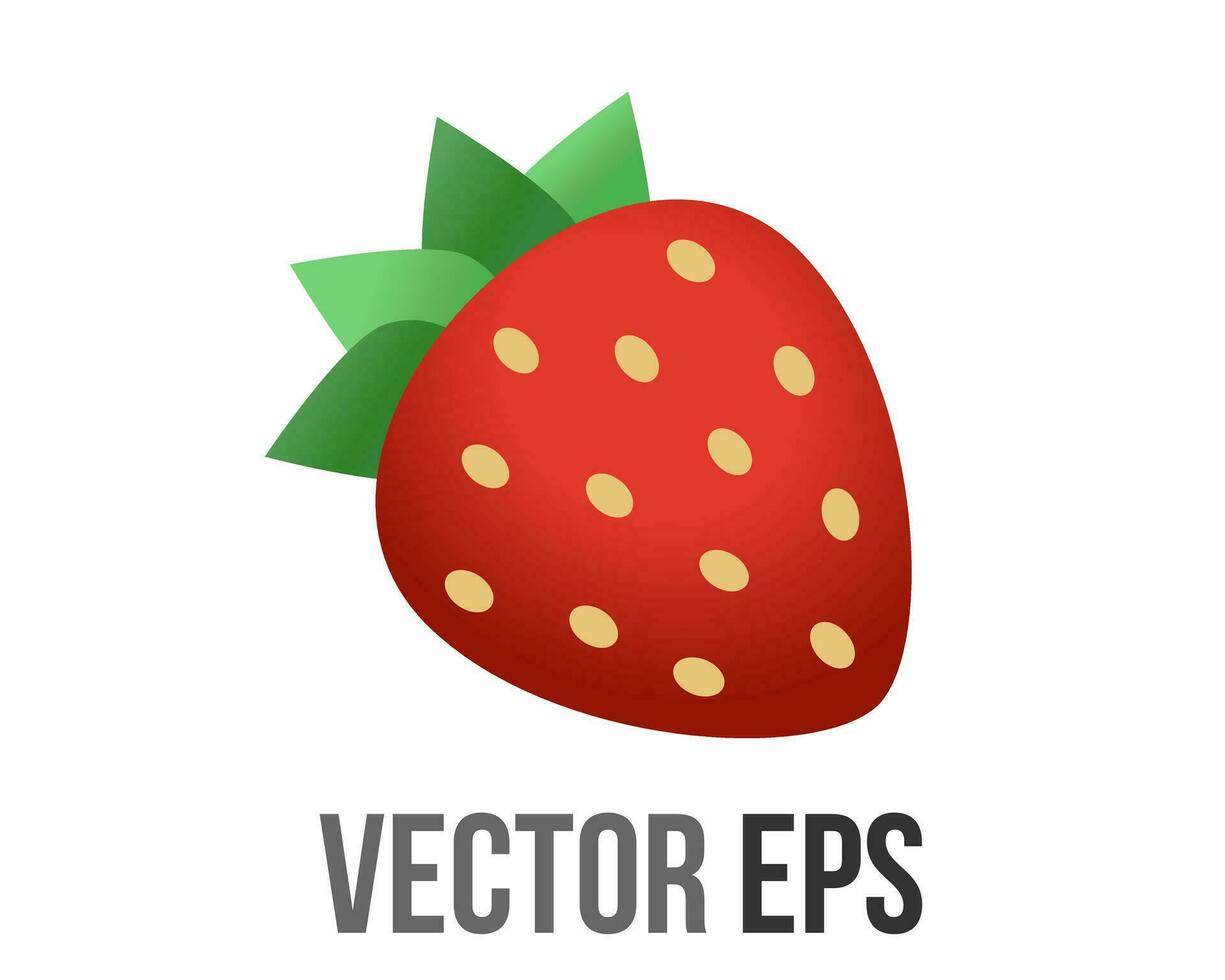 Vector fruit of rich red strawberry dotted icon with seeds and crowned with green leaves