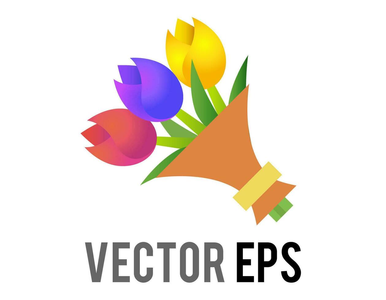 Vector bouquet of pink, blue and yellow flowers icon with green stems tied