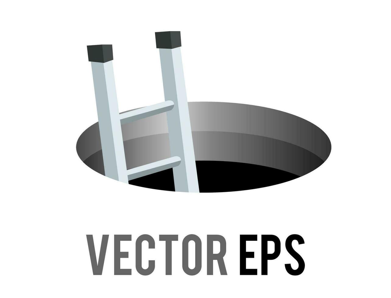 Vector round black cartoon styled hole, manhole icon with silver metal stairs