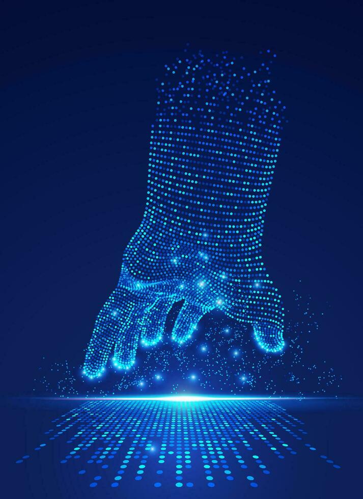 concept of digital transformation, graphic of dotted hand reaching to futuristic element vector