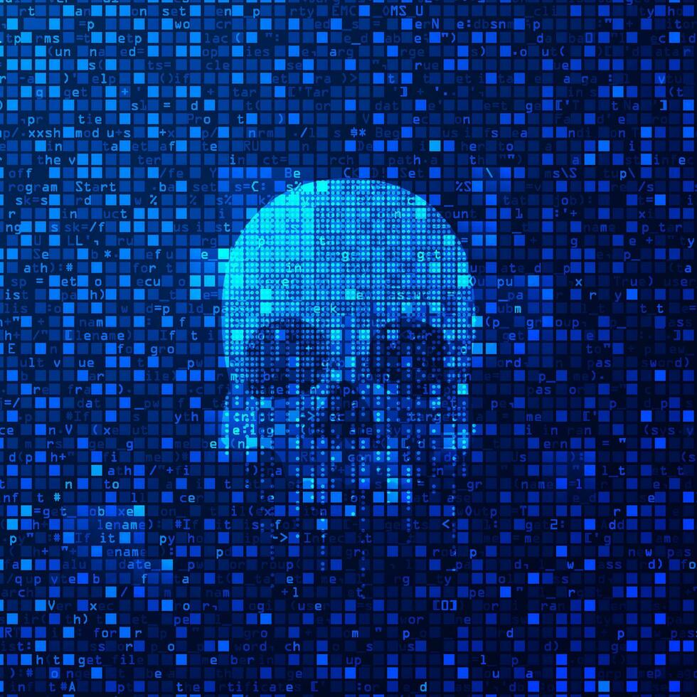 concept of cyber crime or cyber attack, graphic of skull with programming script background vector