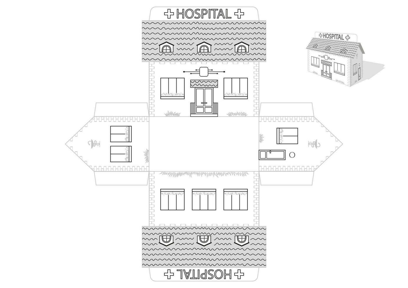 Toy hospital house printable A4 die cut template. Simple, fast, easy to fold. Isolated monochrome object. Vector eps10