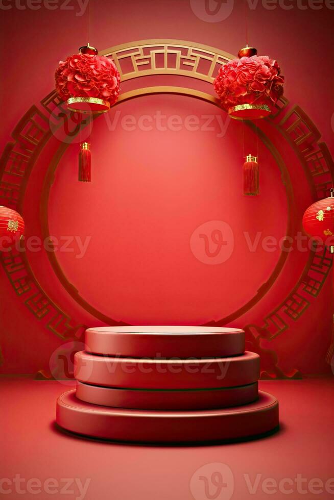 Generative AI, Red podium with lantern chinese new year and gift box product stand podium background pedestal 3d photo