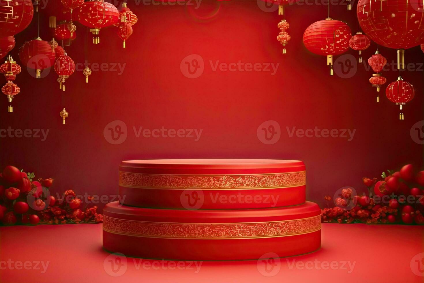 Generative AI, Red podium with lantern chinese new year and gift box product stand podium background pedestal 3d photo