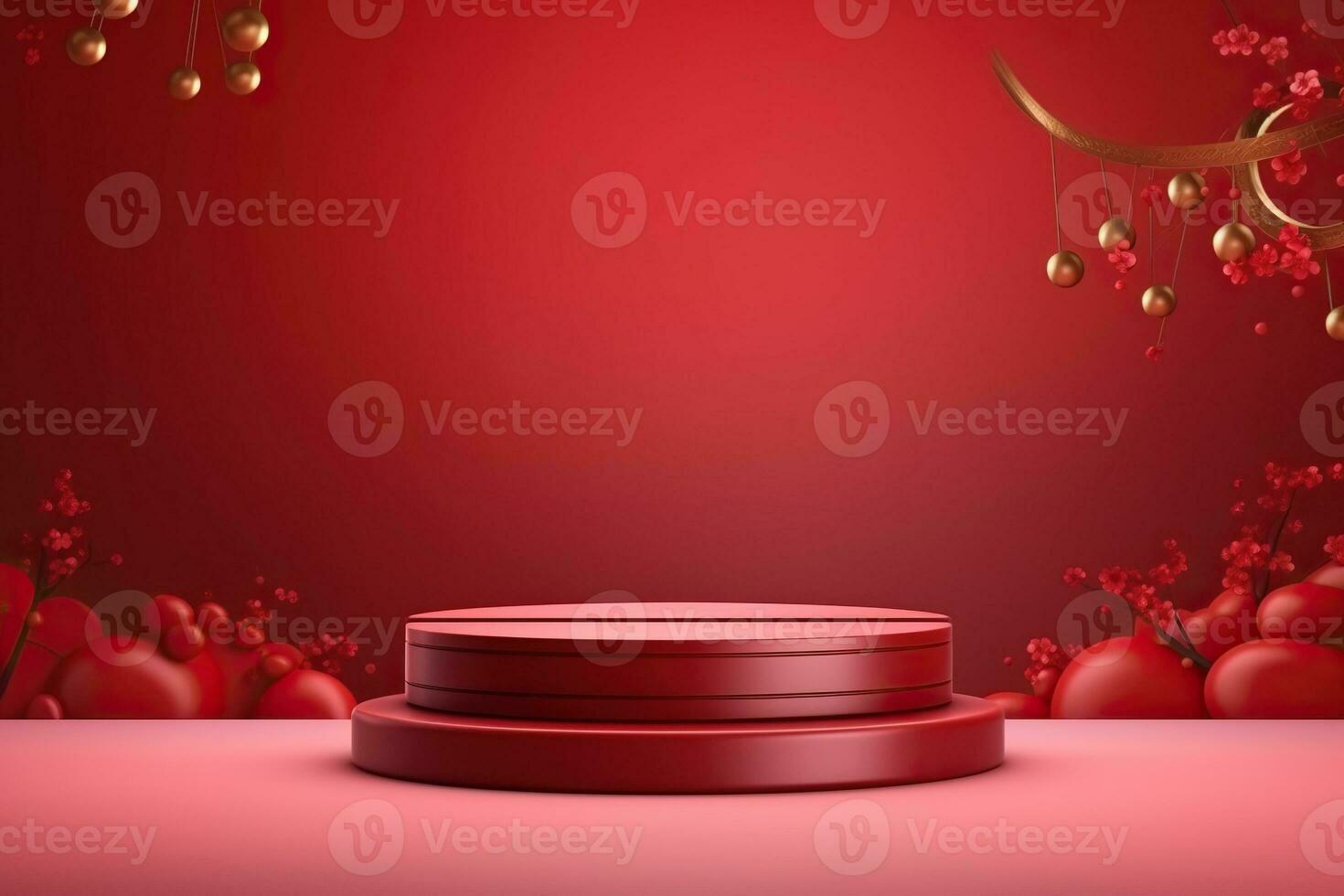 Generative AI, Red podium with lantern chinese new year and gift box product stand podium background pedestal 3d photo