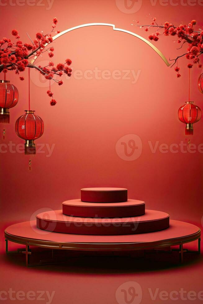 Generative AI, Red podium with lantern chinese new year and gift box product stand podium background pedestal 3d photo